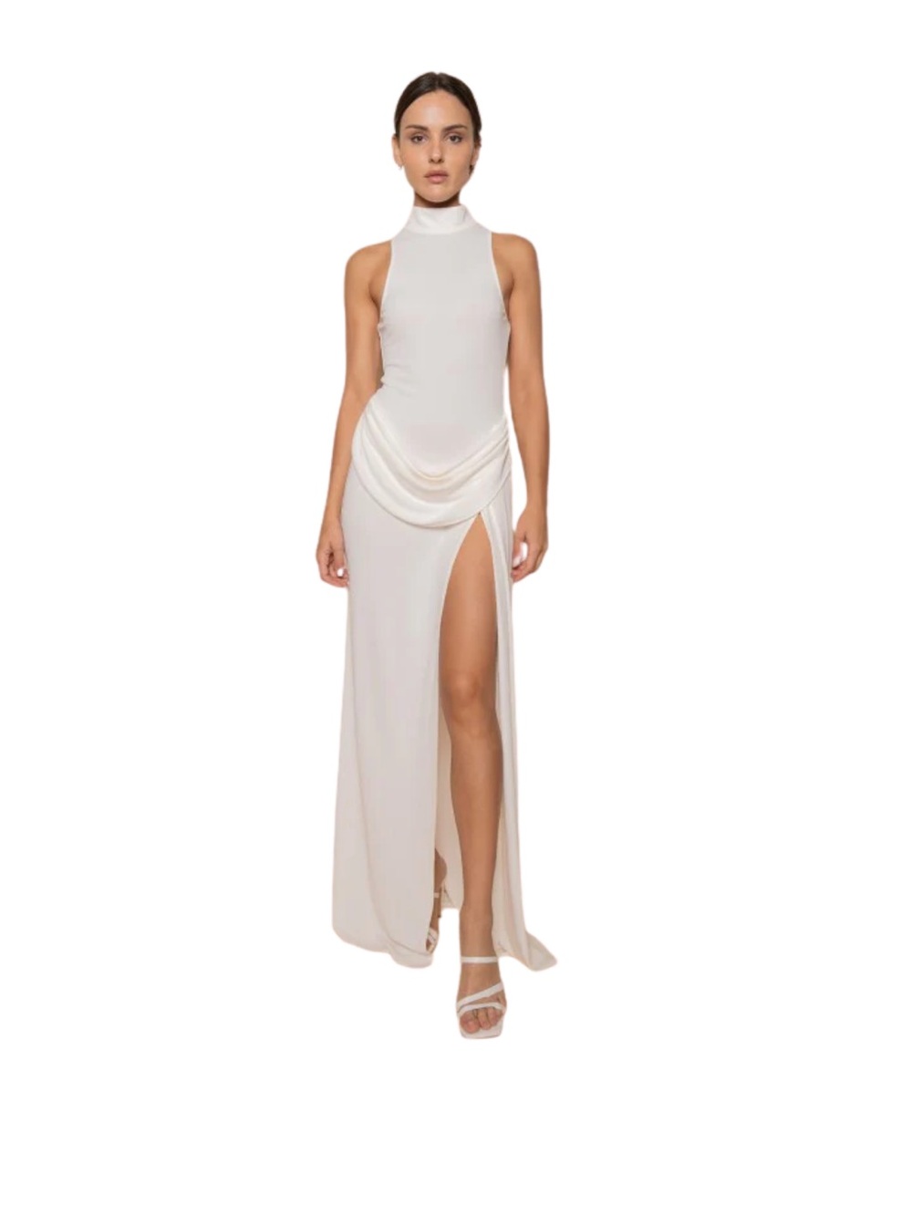 High-Neck Ivory Maxi Dress with Draped Waist and Side Slit